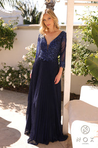 Pleated V-Neck Jeweled Bodice Gown