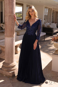 Pleated V-Neck Jeweled Bodice Gown