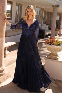 Pleated V-Neck Jeweled Bodice Gown