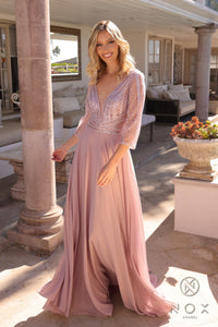 Illusion Sleeve V-Neck Gown | Pale Mauve