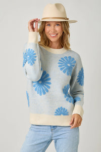 Floral Flocked Sweater | Blue/Oatmeal
