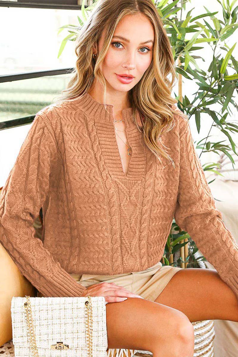 Gretchen V-Neck Cable Knit Sweater | Camel