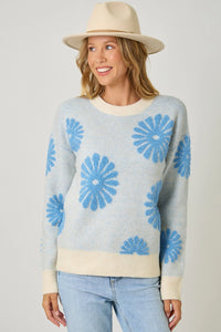 Floral Flocked Sweater | Blue/Oatmeal