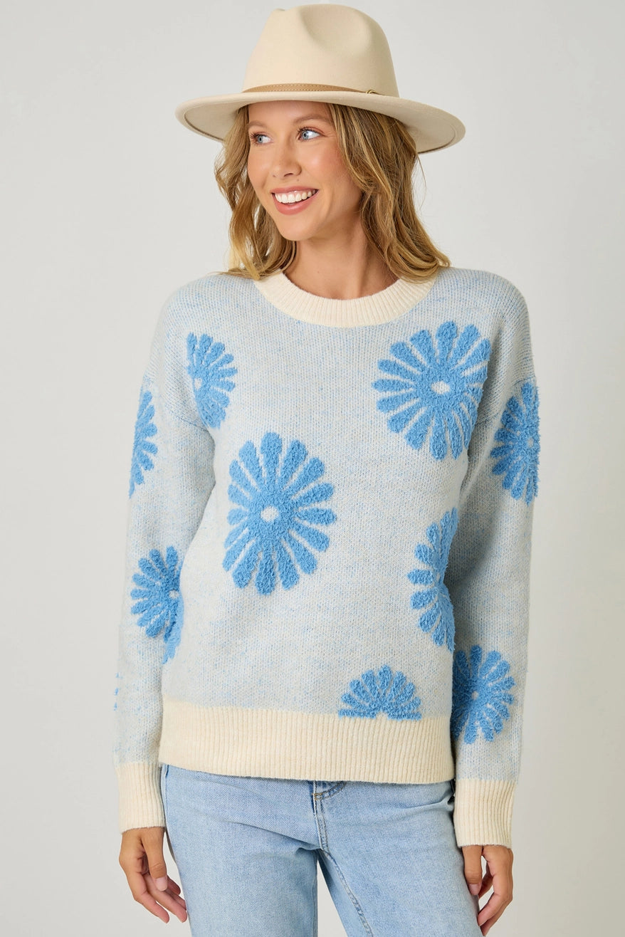 Floral Flocked Sweater | Blue/Oatmeal