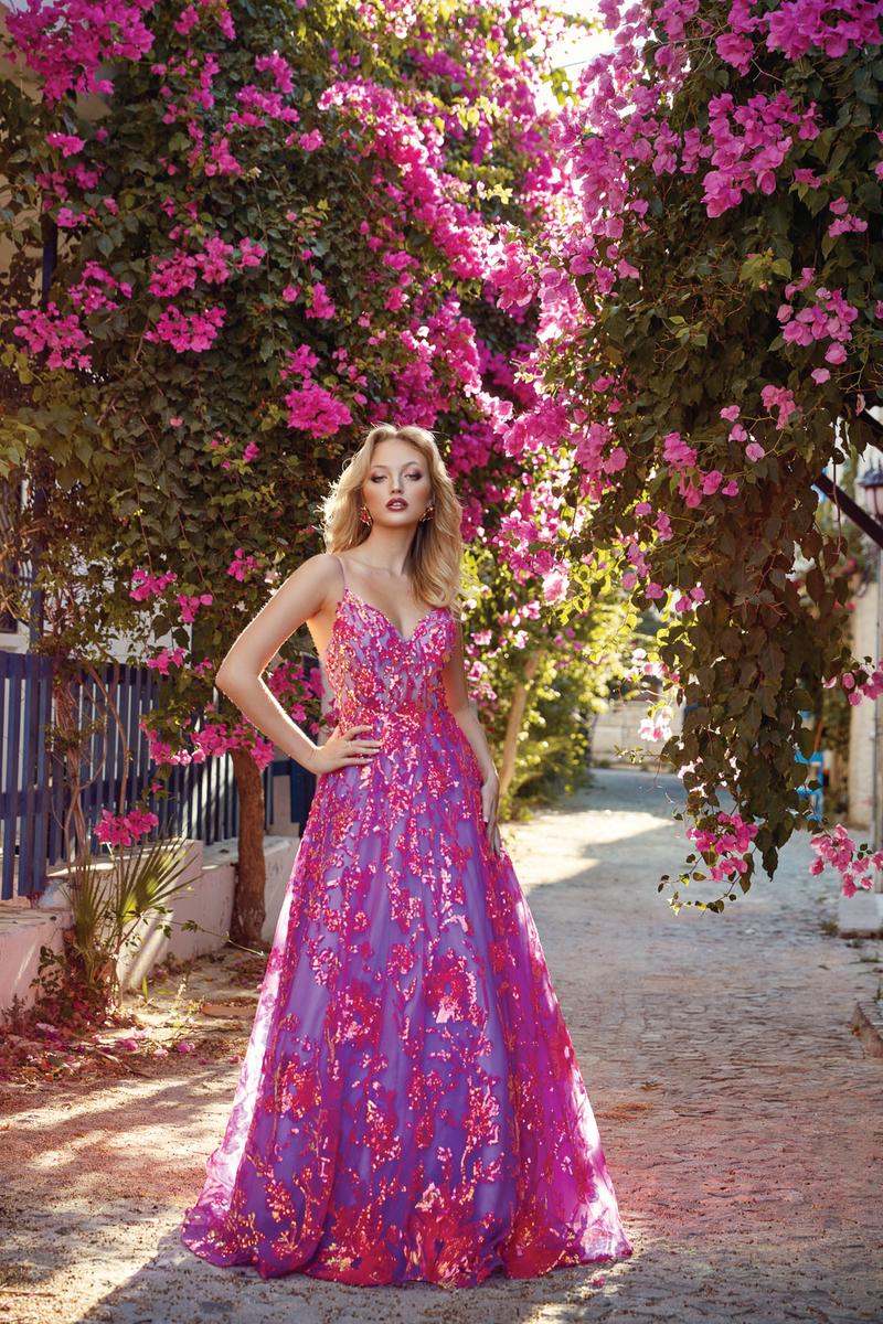 Purple Sequin V-Neck Ball Gown | AP-61516