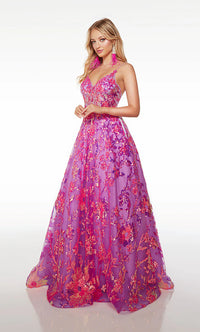 Purple Sequin V-Neck Ball Gown | AP-61516