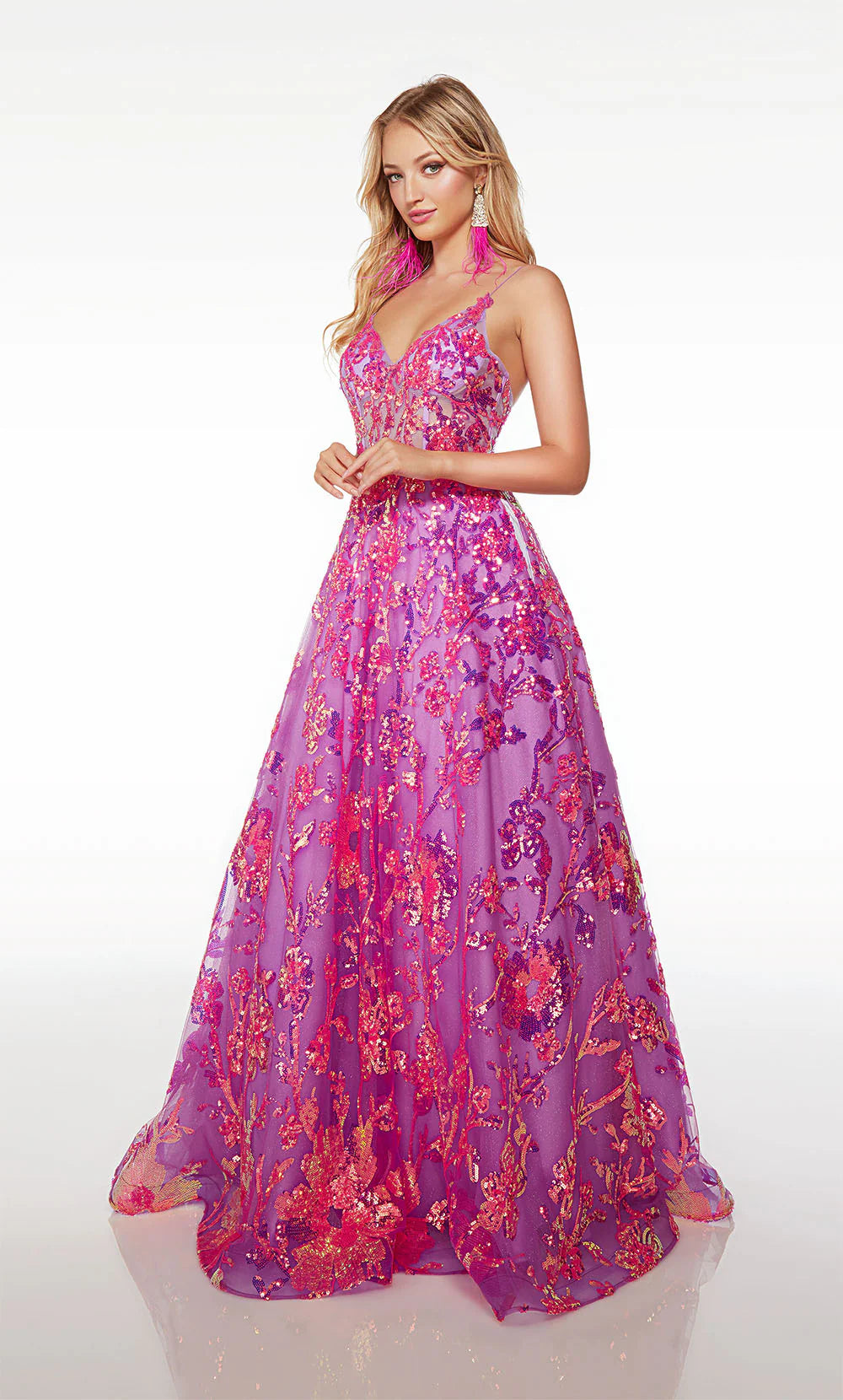 Purple Sequin V-Neck Ball Gown | AP-61516