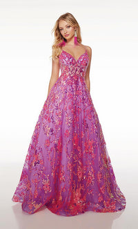 Purple Sequin V-Neck Ball Gown | AP-61516