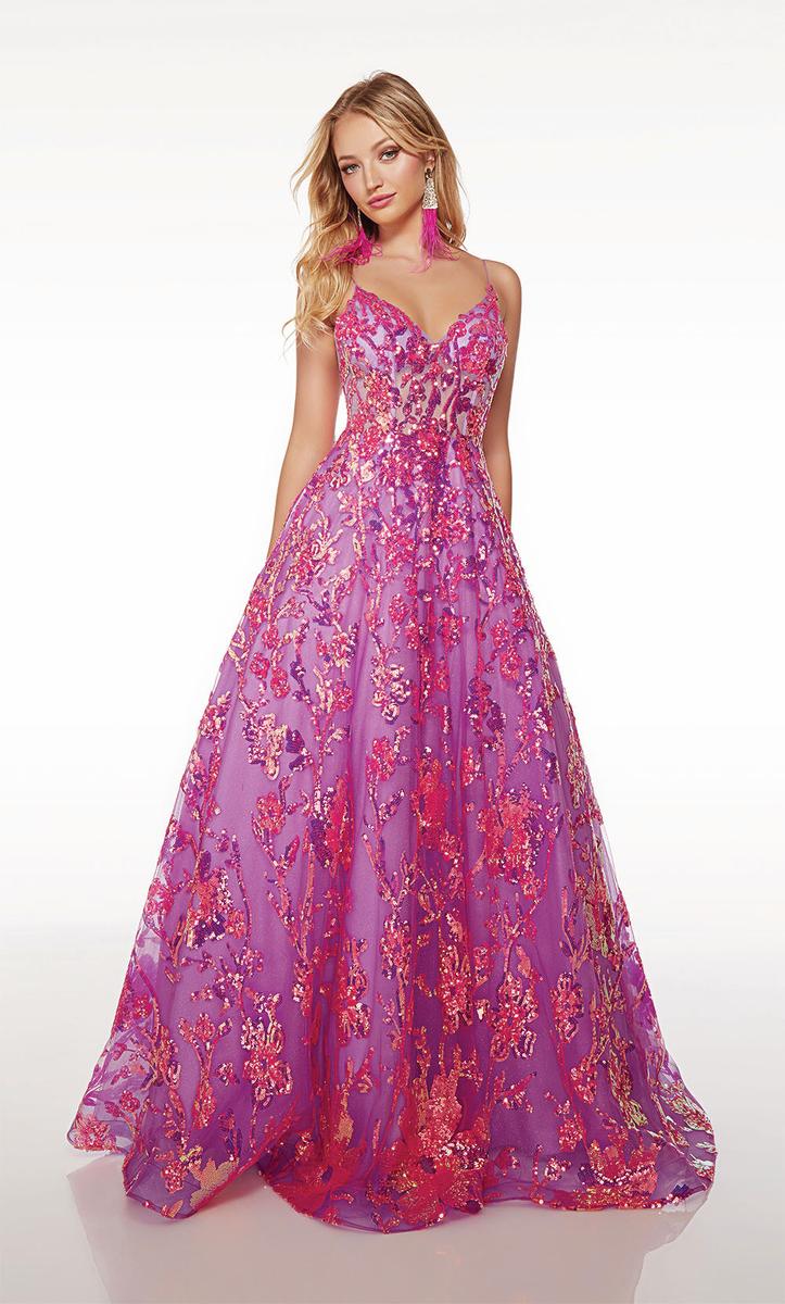Purple Sequin V-Neck Ball Gown | AP-61516