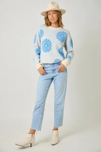 Floral Flocked Sweater | Blue/Oatmeal