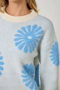 Floral Flocked Sweater | Blue/Oatmeal