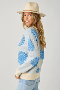 Floral Flocked Sweater | Blue/Oatmeal