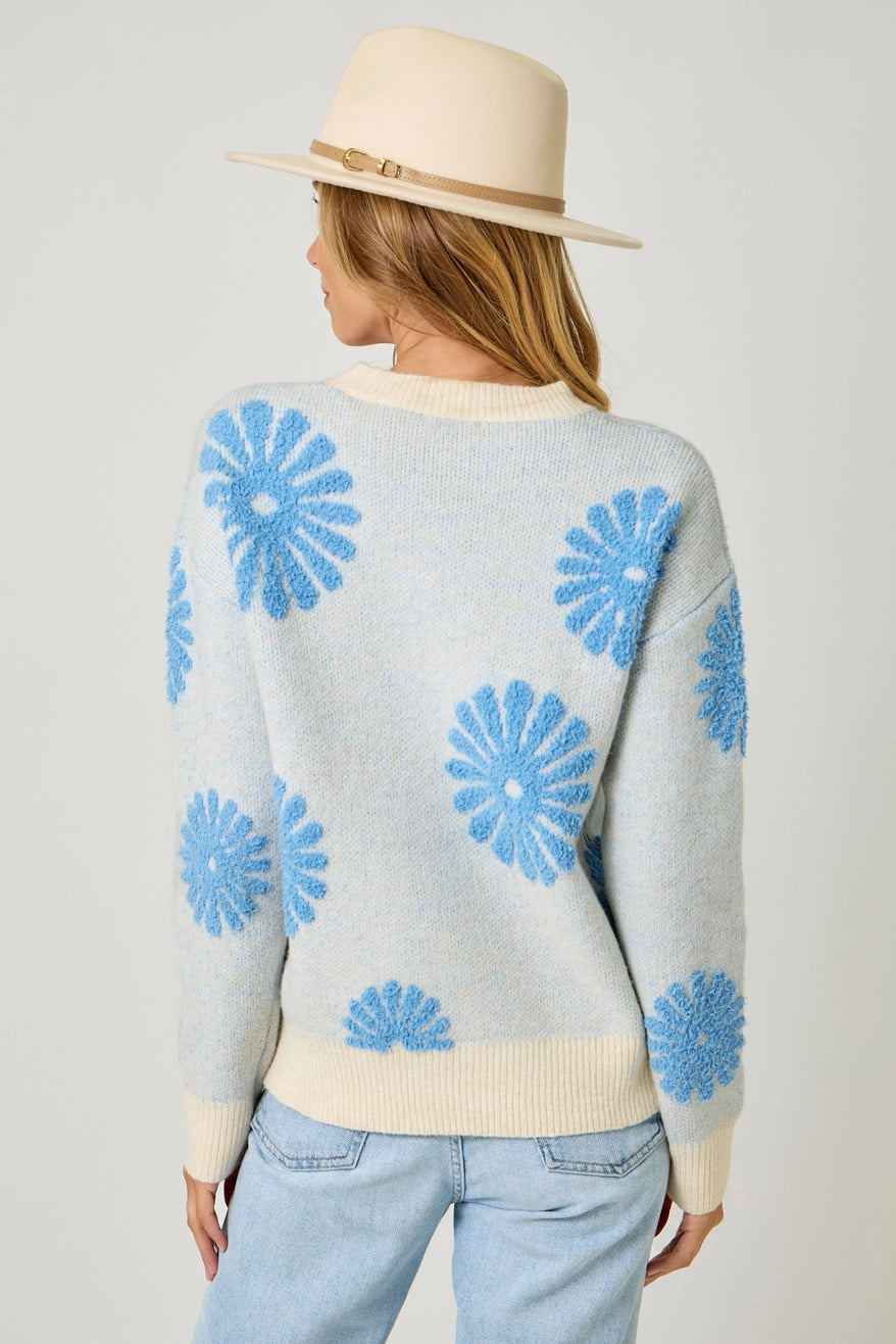 Floral Flocked Sweater | Blue/Oatmeal