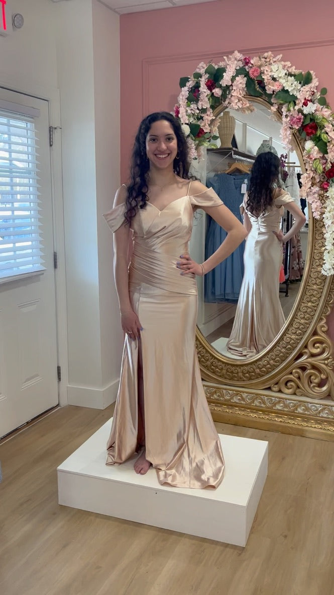 Off Shoulder Satin Gown | Champagne