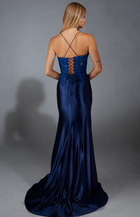Navy Satin Fitted Gown | AP-1877