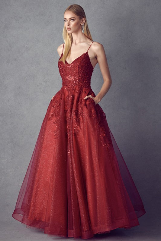 Embroidered Bodice Ball Gown | Burgundy