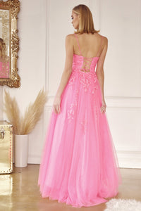Floral Applique Corset Tulle Gown | Hot Pink