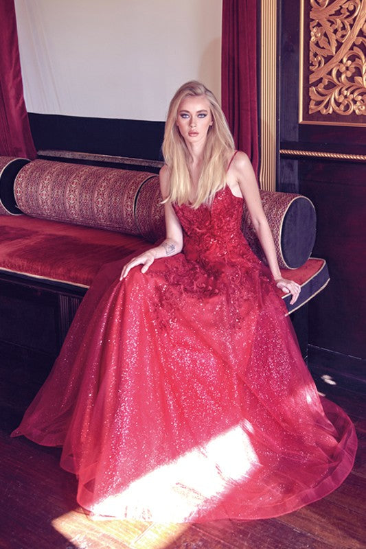 Embroidered Bodice Ball Gown | Burgundy