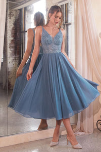 Marion Tea Length Gown - Smoky Blue
