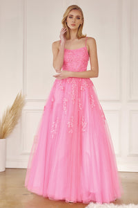 Floral Applique Corset Tulle Gown | Hot Pink