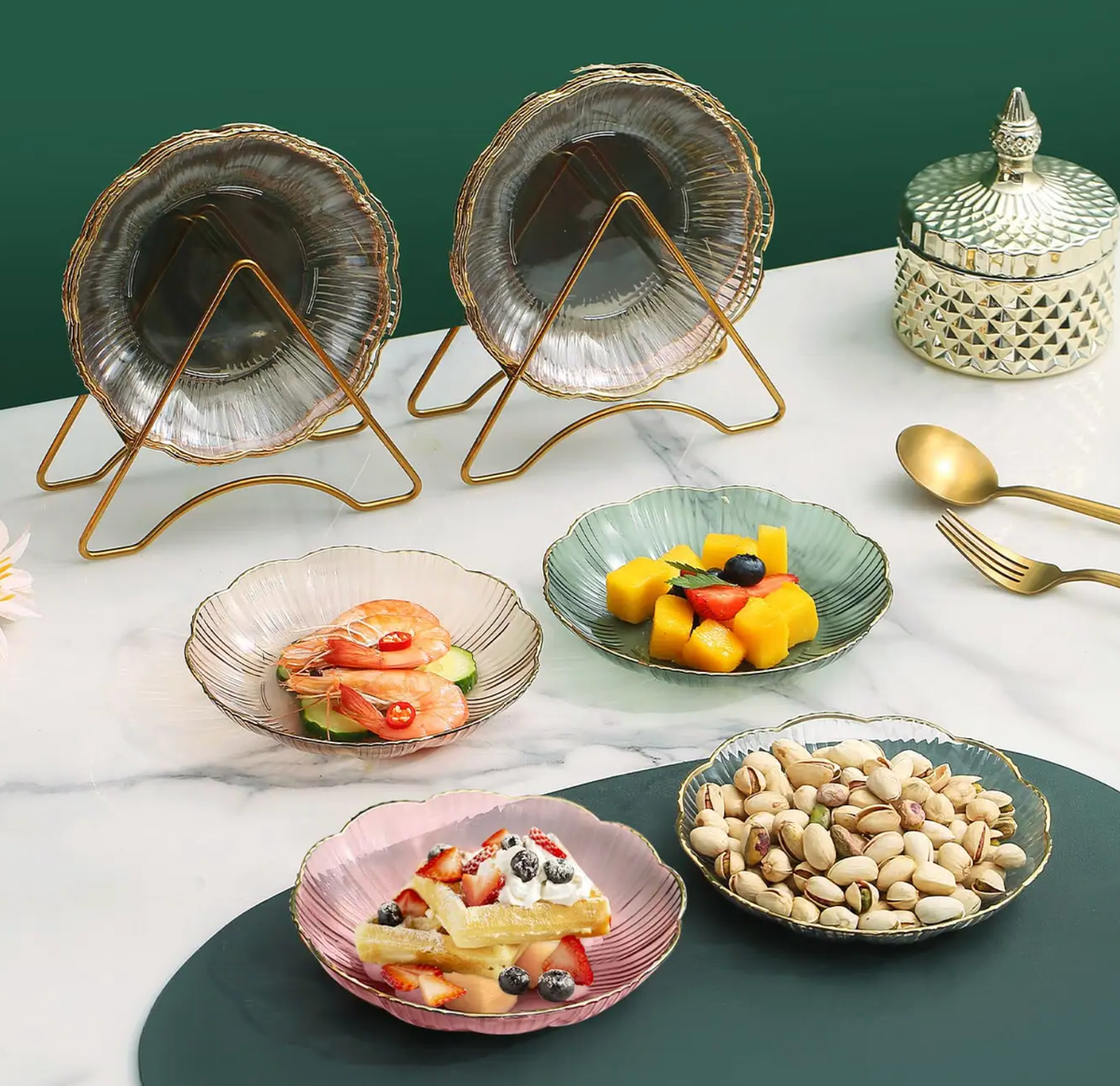 Green Flower Shape Snack Plates with Rack