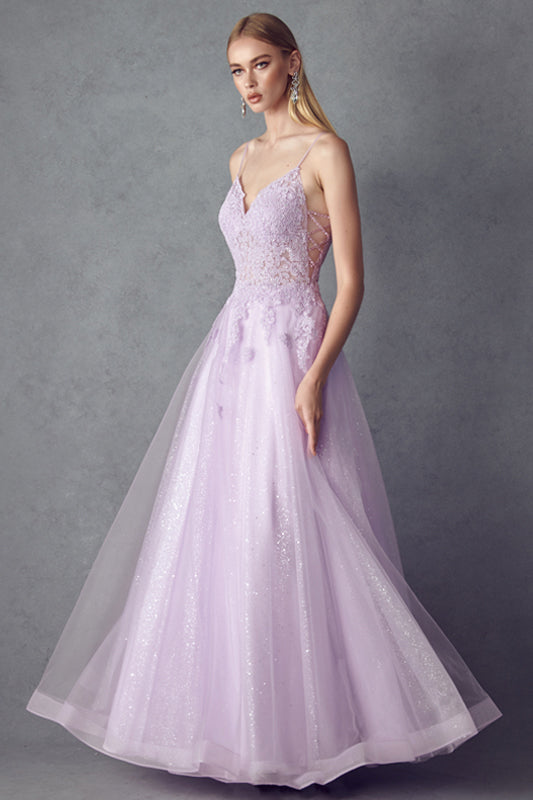 Embroidered Sleeveless Tulle Gown | Lilac