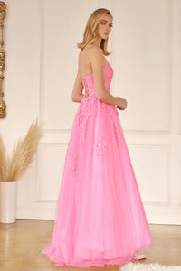 Floral Applique Corset Tulle Gown | Hot Pink