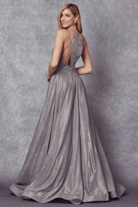 Long Silver Glitter Crepe Gown