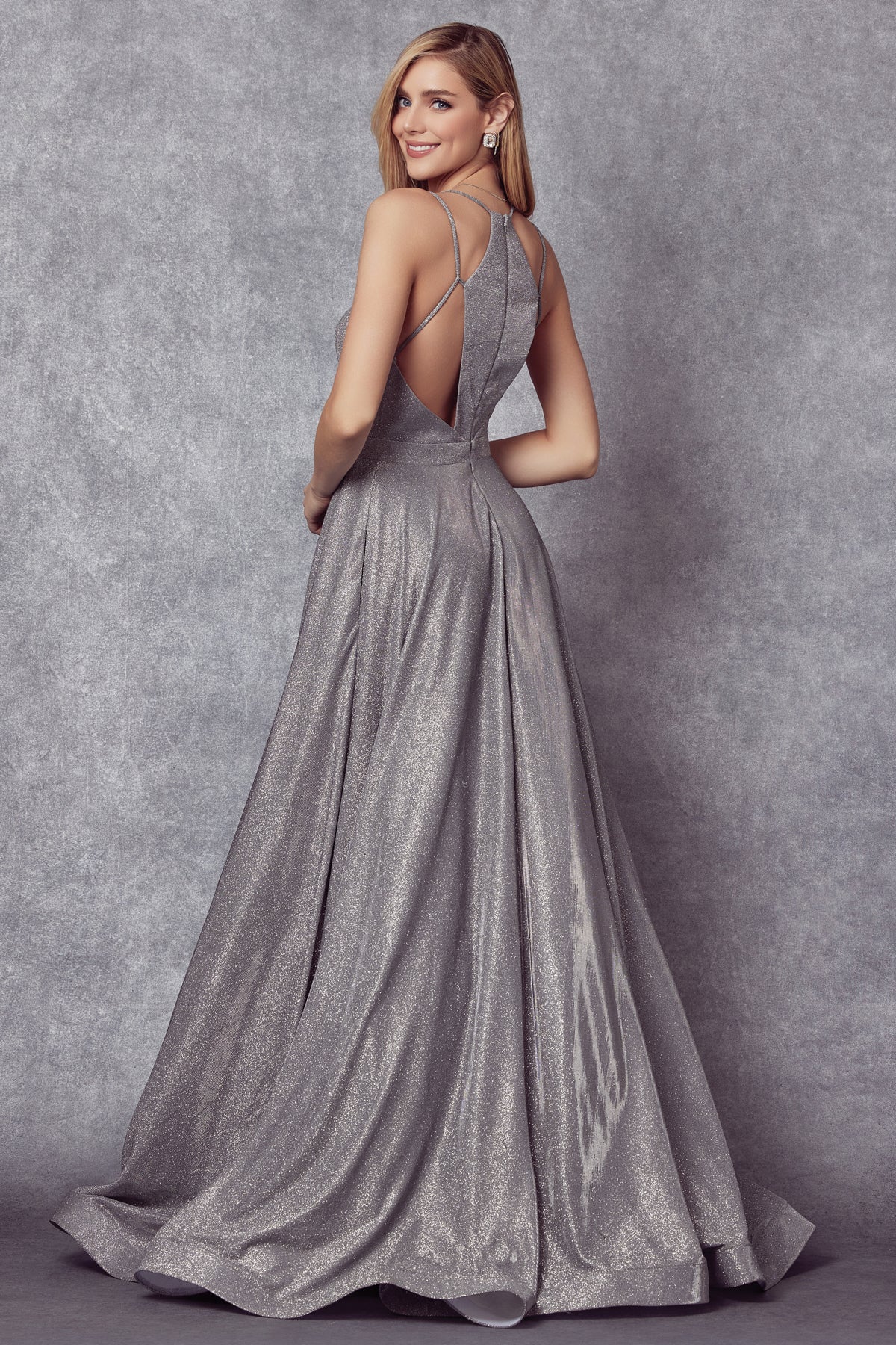 Long Silver Glitter Crepe Gown