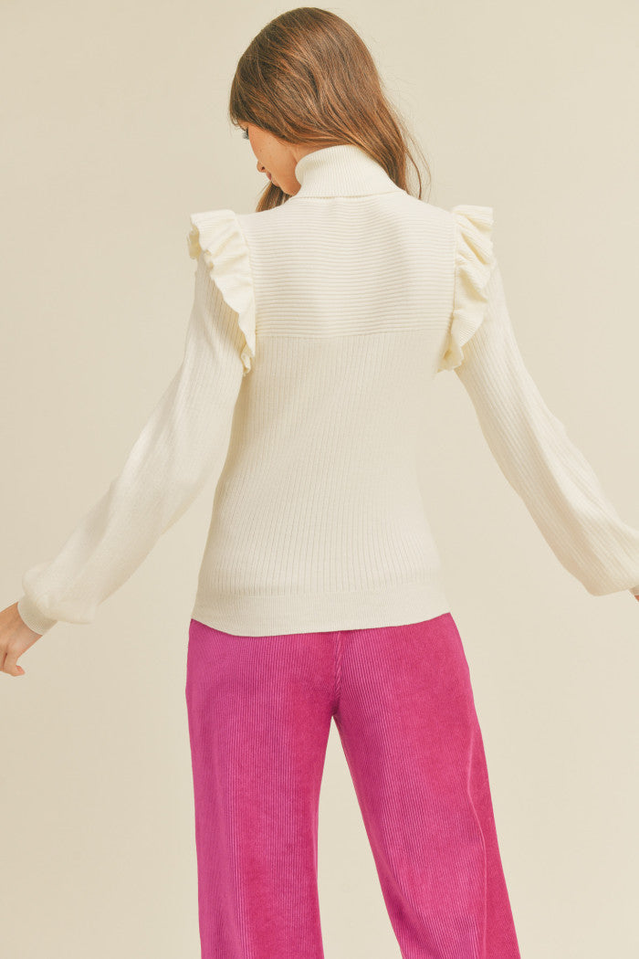 Ruffle Shoulder Turtleneck - Ivory
