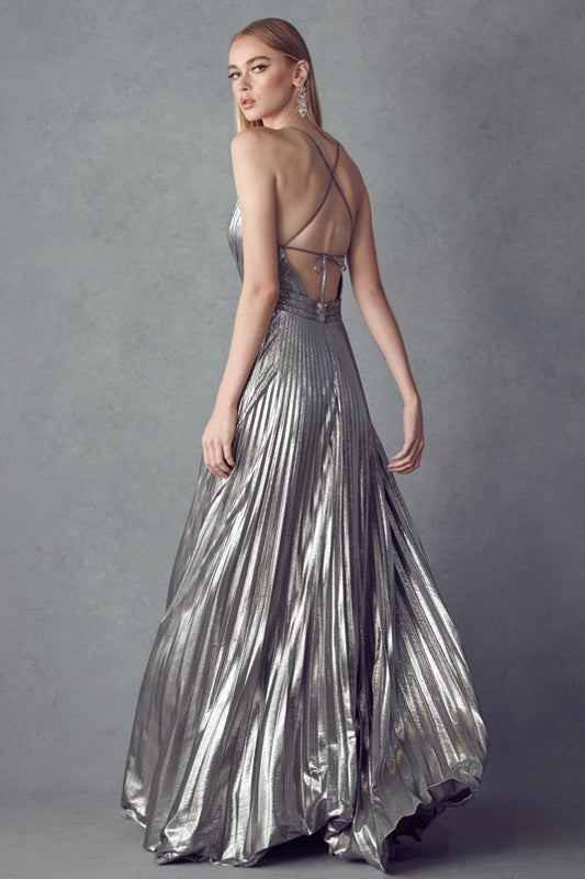 Pleated Metallic Gown | Charcoal