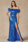 Sequin Off Shoulder Feather Gown | Royal Blue