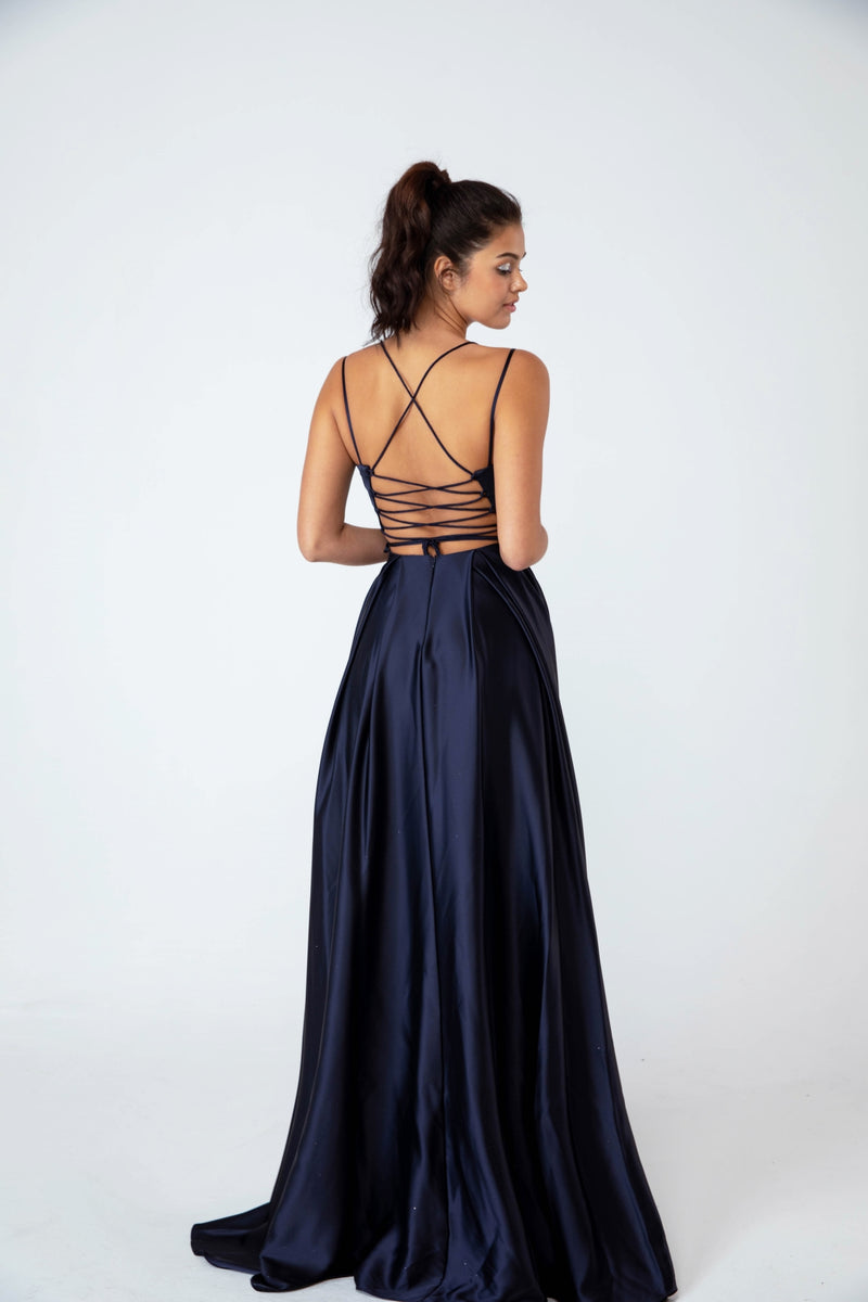 Navy Satin Take Me Out Dress - E-9925