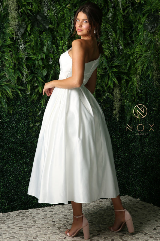 Satin Tea Length A-Line | White Satin Tea Length A-Line | White