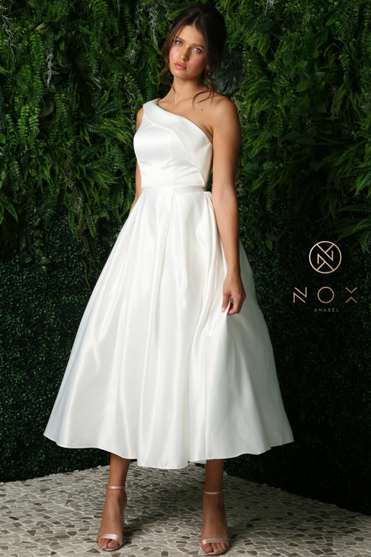 tea length white dress Satin V-Neck Tea Length A-Line Dress