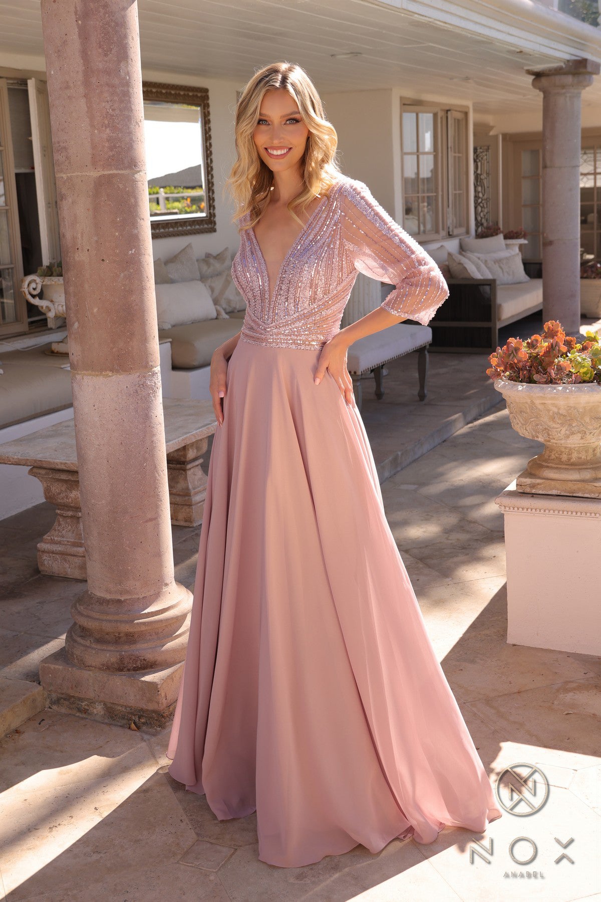 Illusion Sleeve V-Neck Gown | Pale Mauve