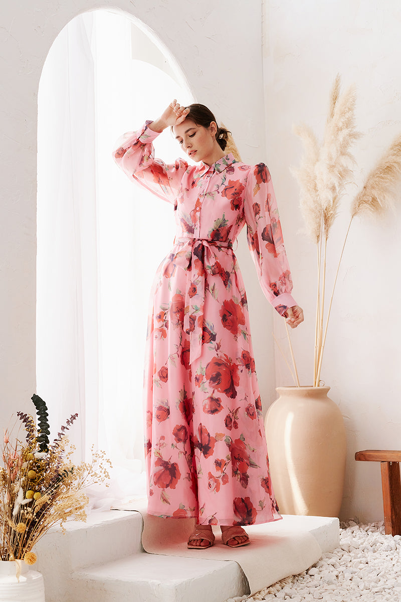 Rose Organza Maxi Shirtdress