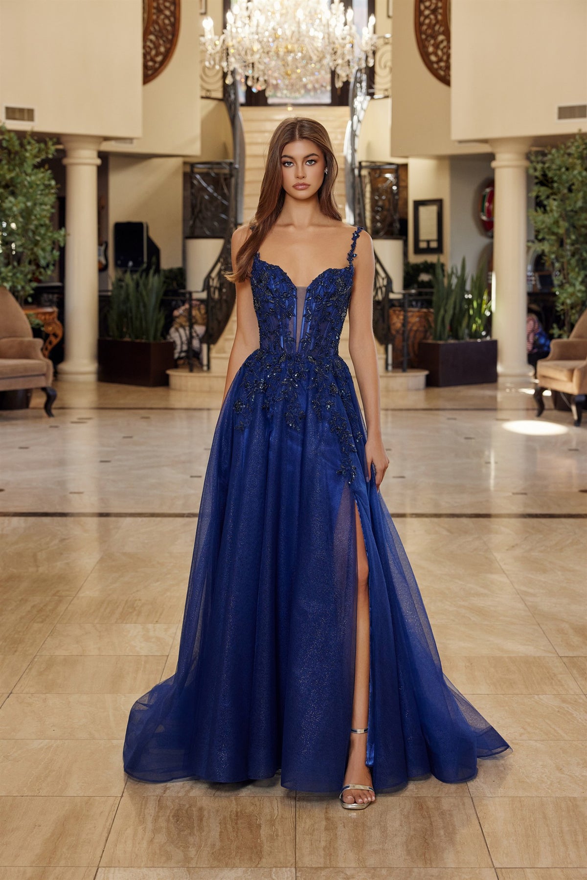 Navy Embroidered Bodice A-Line Gown | NA-R1824