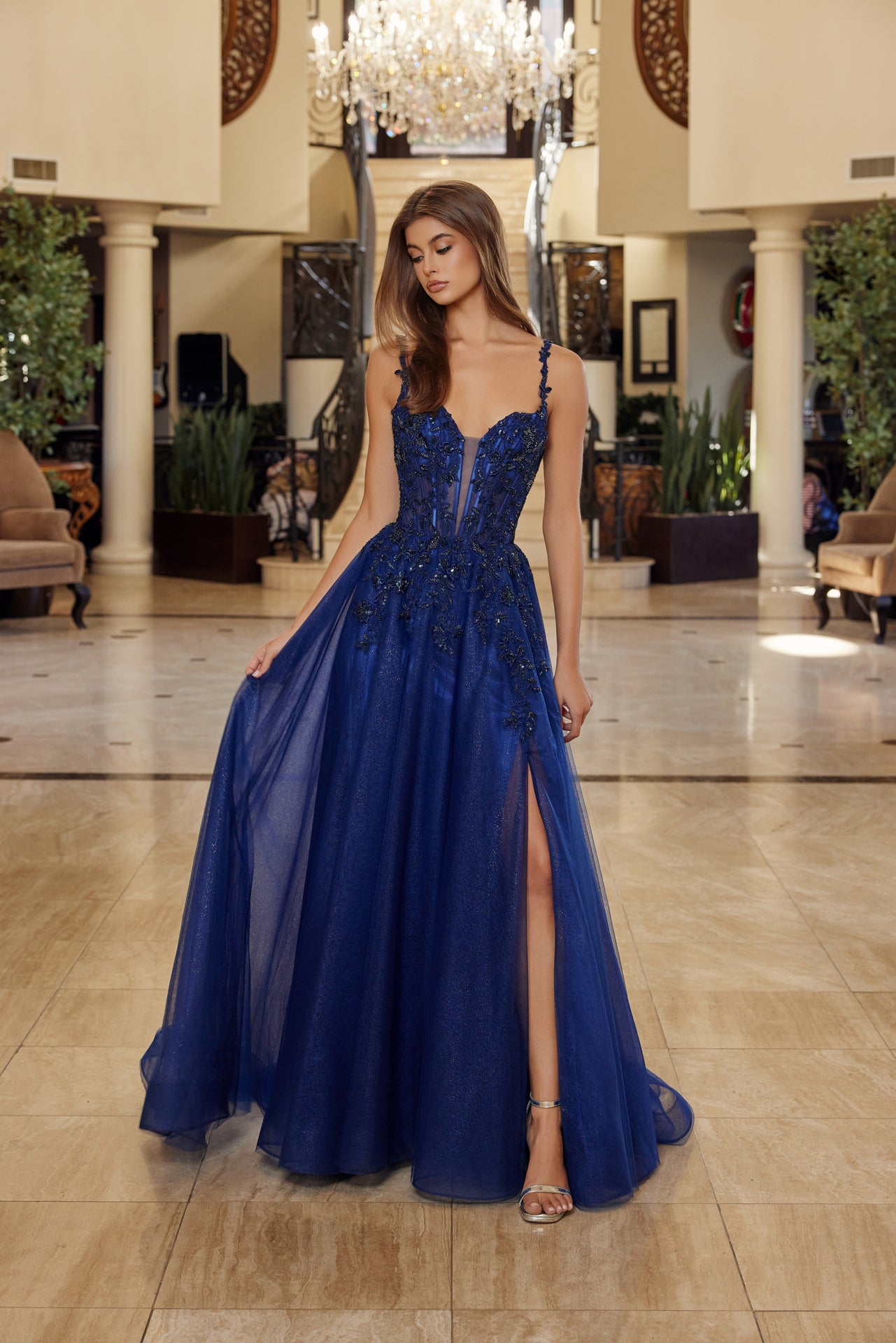 Navy Embroidered Bodice A-Line Gown | NA-R1824