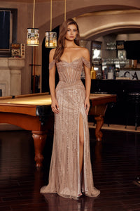 Mocha & Gold Beaded Gown | N-F1728