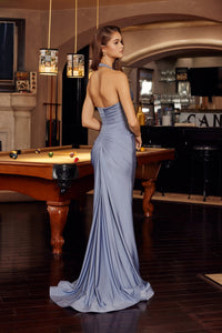 Fitted Jersey Halter Gown | Dusty Blue