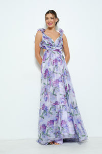 Lavender Floral Chiffon Maxi Dress