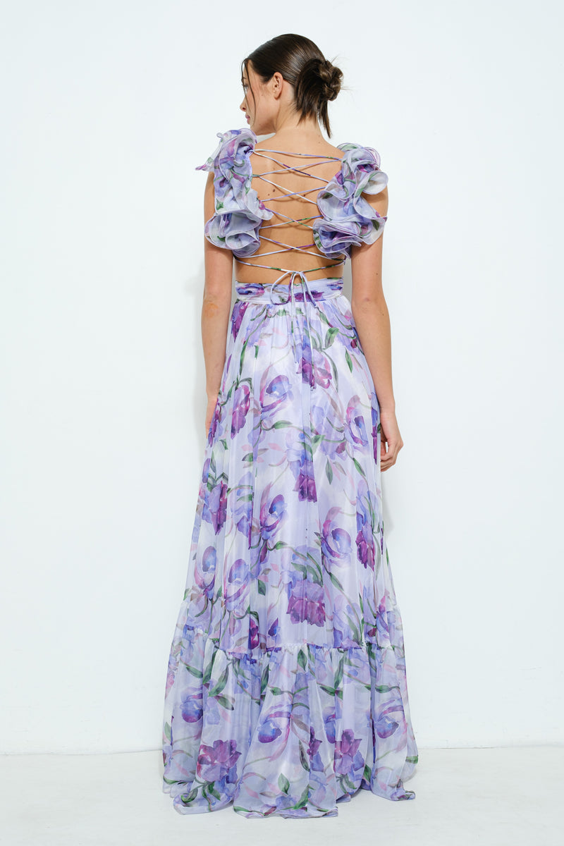 Lavender Floral Chiffon Maxi Dress