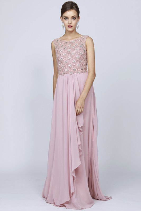 Floor Length Chiffon Gown with Bateau Neck | Dusty Rose