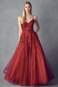 Embroidered Bodice Ball Gown | Burgundy