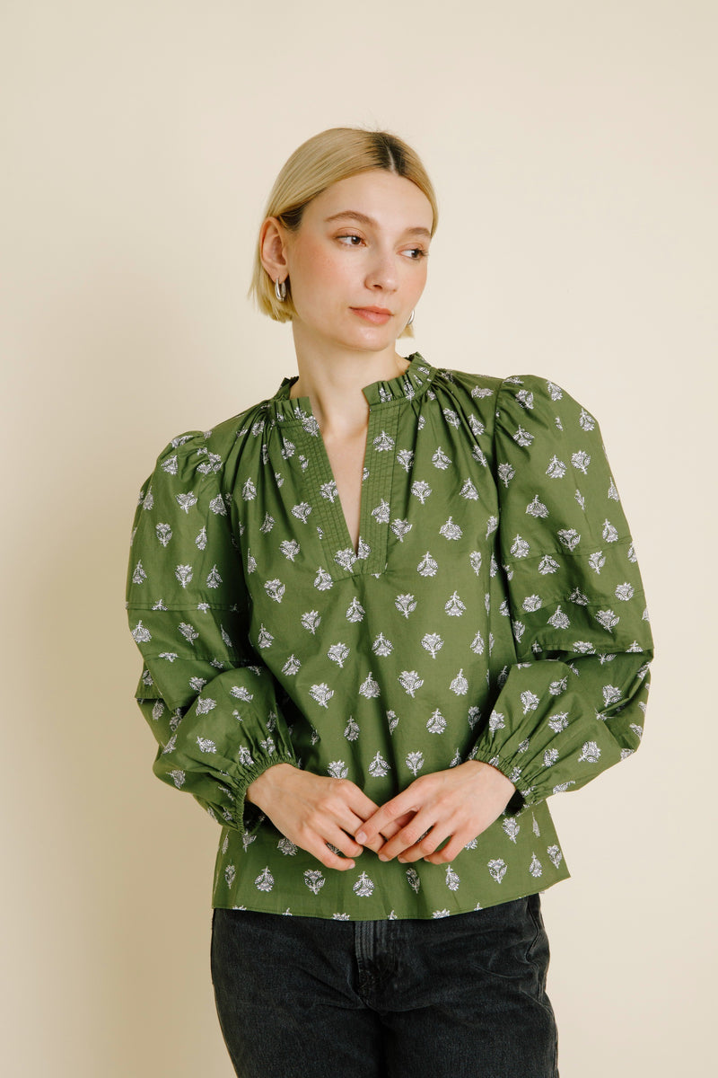 Olive Paisley Peasant Top