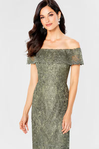 Elegant off-the-shoulder lace gown in olive green, featuring a straight neckline and folded ruffle top, perfect for occasions like mother of the bride or black tie weddings. Available near Apex, Cary, and Raleigh for convenient shopping.