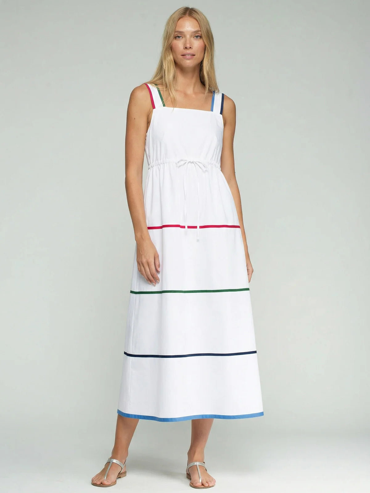 White Piped Trim Midi Dress