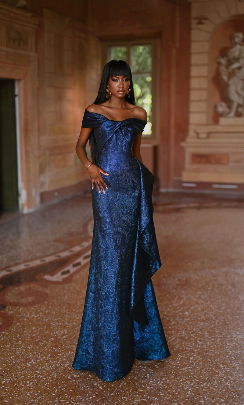 Navy Off Shoulder Jacquard Gown - AP-27774 – Betty & Jane Boutique Navy Off Shoulder Jacquard Gown - AP-27774 – Betty & Jane Boutique
