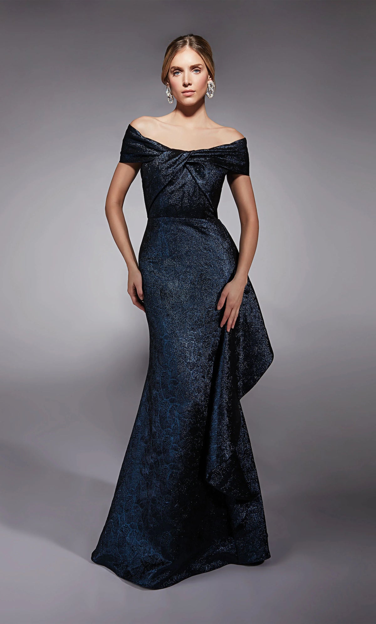 Navy Off Shoulder Jacquard Gown - AP-27774